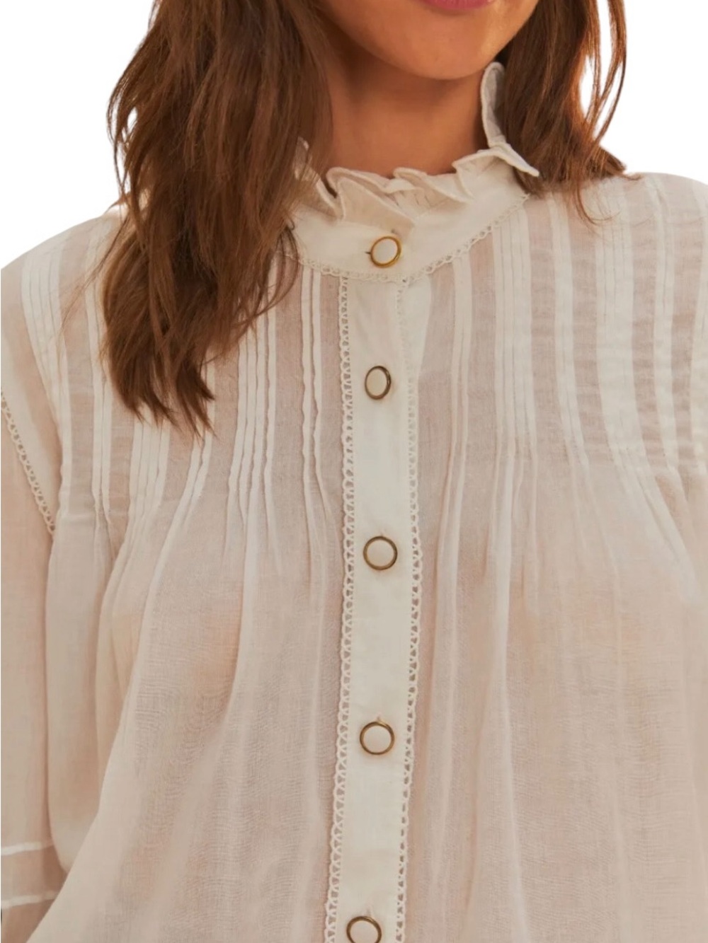 Farm Rio White Ruffle Sleeve Gold Button-Down Shirt | Size Large - Picture 5 of 8